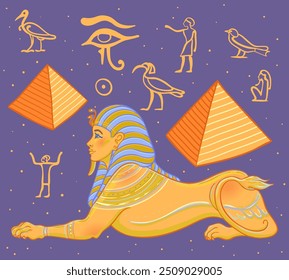 Sphinx, Egyptian mythical creature with head of human, body of lion and wings. Hand-drawn vintage vector outline illustration. Tattoo flash, t-shirt or poster design, postcard.