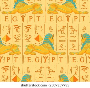 Sphinx, Egyptian mythical creature with head of human, body of lion and wings. Seamless pattern. Hand-drawn vintage vector outline illustration. Fabric design, t-shirt, wallpaper, postcard.