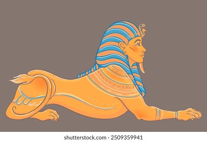 Sphinx, Egyptian mythical creature with head of human, body of lion and wings. Hand-drawn vintage vector outline illustration. Tattoo flash, t-shirt or poster design, postcard.