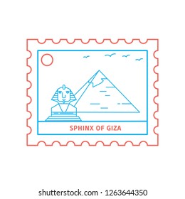 SPHINX OF GIZA postage stamp Blue and red Line Style, vector illustration