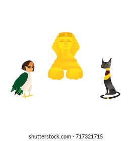 Sphinx, harpy woman bird and Bastet cat goddess, symbols of Egypt, flat cartoon vector illustration isolated on white background. Flat cartoon sphinx, harpy and Bastet cat, symbols of Egyptian culture