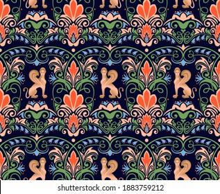 Sphinx. The image of a creature with a female head, the body of a lion and the wings of an eagle. Ornament. Seamless pattern. Vector graphics