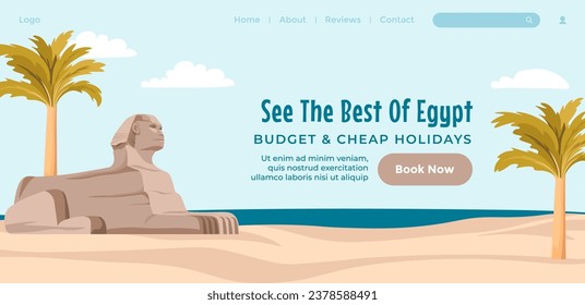 Sphinx Denkmal Wahrzeichen im alten Ägypten. Erleben Sie die beste ägyptische Kultur, historische Denkmäler und architektonische Wunder in Afrika. Website-Landing-Page-Vorlage, Internet-Site-Vektorgrafik im flachen Stil