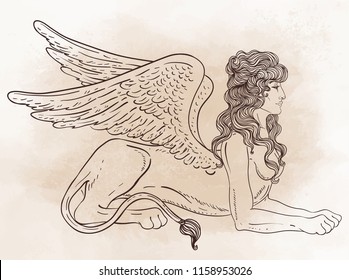 Sphinx, mythical creature with head of human, body of lion and wings. Victorian motif, tattoo design element. Vintage logo concept art. Isolated vector illustration in line art style.
