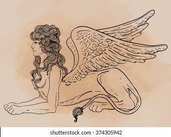 Sphinx, mythical creature with head of human, body of lion and wings. Victorian motif, tattoo design element. Vintage logo concept art. Isolated vector illustration in line art style. 