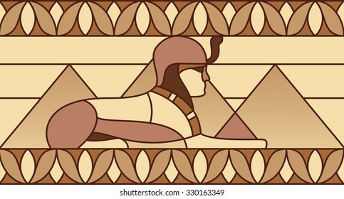 Sphinx on the background of the pyramids in ancient Egyptian ornament