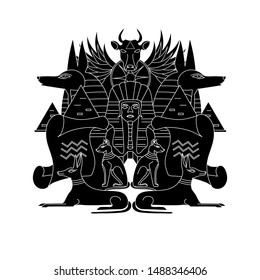 

Sphinx on the background of the pyramids, Anubis, the head of the sacred buffalo, the sun with wings and parchment in the form of a scroll surrounded by dogs and cats. Black and white image.