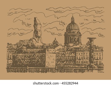 Sphinx on the University Embankment in St. Petersburg, Russia. St. Isaac's Cathedral in the background. Sketch by hand. Vector illustration. 