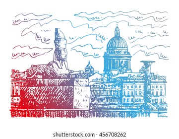 Sphinx on the University Embankment in St. Petersburg, Russia. St. Isaac's Cathedral in the background. Sketch by hand. Vector illustration. 