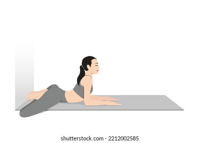 Sphinx Pose Bound Angle Legs Wall. Beautiful girl practice Salamba Bhujangasana Pada Baddha Konasana Wall. Young attractive woman practicing yoga exercise. working out, black wearing sportswear, grey