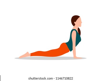 Sphinx pose and sport activity, yoga position, woman lies on floor holding hands down, wellness with health isolated cartoon flat vector illustration.