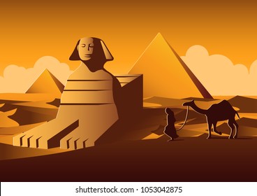 Sphinx and Pyramid famous landmark of Egypt,cartoon version,vector illustration