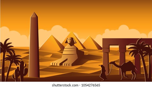 Sphinx and Pyramid famous landmark of Egypt,cartoon version,vector illustration