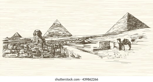 The Sphinx and Pyramid of Khafre, Cairo, Egypt. Hand drawn illustration.