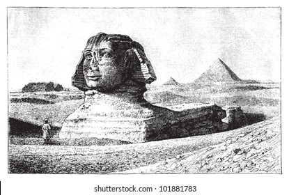 Sphinx with Pyramids of Giza (Cairo Egypt) / vintage illustration from Brockhaus Konversations-Lexikon 1908