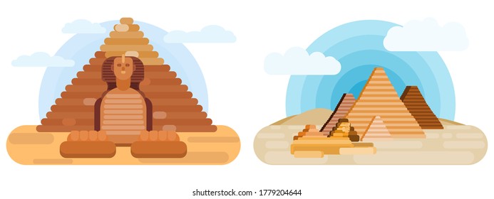 sphinx and pyramids two illustrations. vector flat style