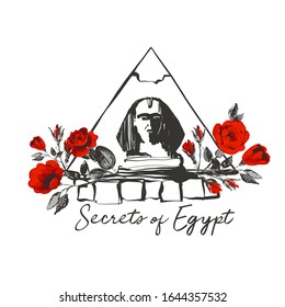Sphinx roses and pyramid. Egypt symbol. Ancient line logo t-shirt design. Africa hand drawn vector illustration. Linear black sketch on white background.