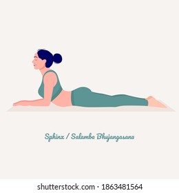 Esfinge - Salamba Bhujangasana. Joven practicando pose de yoga. Las mujeres entrenan en gimnasia, aeróbic y ejercicios. Ilustración vectorial.