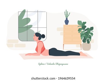 pose de yoga esfínx. Joven practicando yoga. Las mujeres entrenan en gimnasia, aeróbic y ejercicios. Ilustración vectorial.