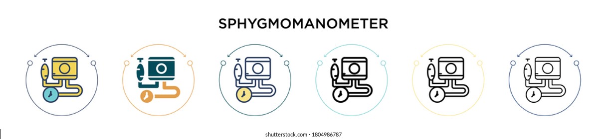 Icono del esfigmomanómetro en estilo relleno, delgado, contorno y trazo. Ilustración vectorial de dos íconos vectores de sphygmomanómetro de color y negro se puede utilizar para móviles, ui, web
