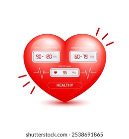 Esfigmomanômetro no coração vermelho e verificar o pulso. A pressão arterial normal é de 90-120, 60-80 milímetros de mercúrio. Cuidados médicos. Vetor EPS10.