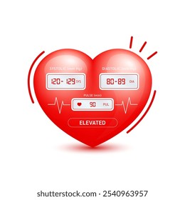 Sphygmomanometer in red heart and check up pulse.  Elevated blood pressure is 120-129, 80-90 millimeters of mercury. Medical health care. Vector EPS10.