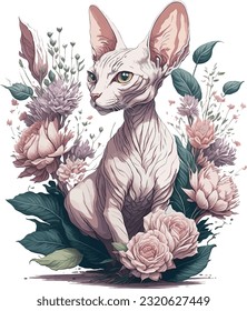 Sphynx cat covered with flowers and leaves. This cute kitten drawing is in watercolor style and high detailed vector art. 