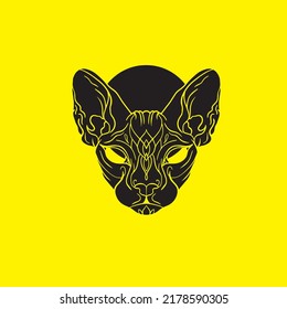 Sphynx cat. Sphynx doodle outline illustration on yellow background. Sphynx cat isolated object. Animal, cat,cloth, print, design, icon, logo, poster, textile, paper, card, wrapping, wallpaper. Eps10