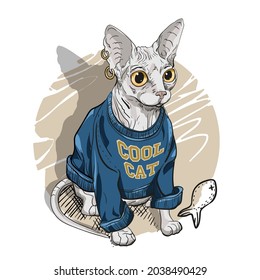 Dibujo de un gato Sfinx en carteles y camisetas