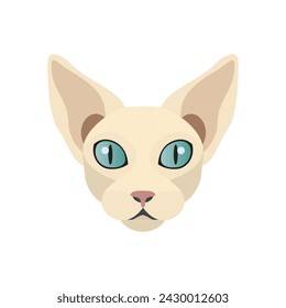 Sphynx cat face, cute head portrait of hairless kitten with no fur vector illustration