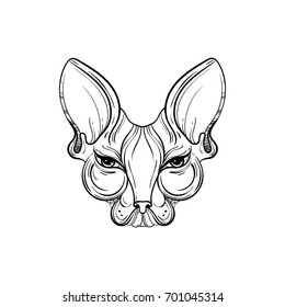 Sphynx cat face vector illustration. Tattoo template in monochrome graphic style. Vintage design