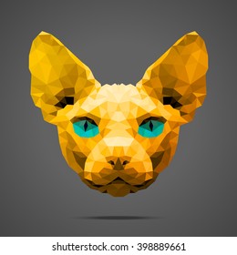 Sphynx cat low poly portrait. Gold gradient. Side light source. Abstract polygonal illustration.