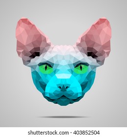 Sphynx cat low poly portrait. Symmetric gradient Rose Quartz - Limpet Shell. Abstract polygonal illustration.