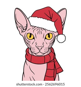 Sphynx Cat with Santa Hat Illustration