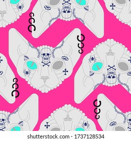 Sphynx cat with tattoo pattern seamless. Pet bully and criminal background. Bad boy animal texture

