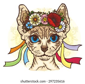 Sphynx cat in the Ukrainian national wreath, happy ukrainian card