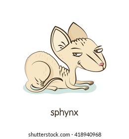 Sphynx. Cute vector cartoon cat character sleeping on pillow with teddy bear isolated on white with breed caption