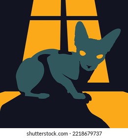 Sphynx. Illustration from the night cats series, in these illustrations I wanted to show how cats are nocturnal, while everyone is sleeping, these little affectionate cats go about their business 
