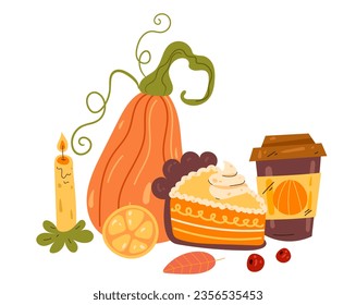 Spice autumn food pastry dessert pie thanksgiving dinner concept. Vector flat graphic design illustration