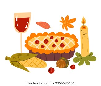 Spice autumn food pastry dessert pie thanksgiving dinner concept. Vector flat graphic design illustration