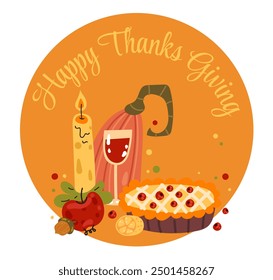 Spice autumn food pastry dessert pie thanksgiving dinner concept. Vector flat graphic design illustration