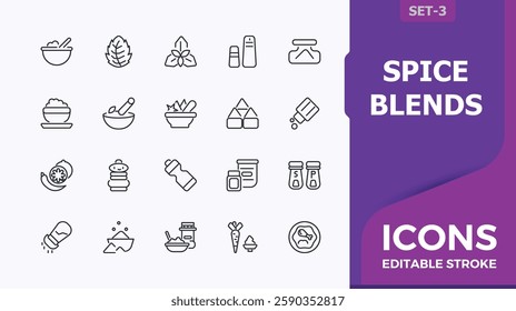 Spice blends line icons set. Includes thin line natural, cardamom, aroma, cinnamon, dill, mint and more. Thin minimalist icon design. Collection of simple line web icons.