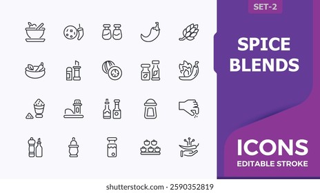 Spice blends line icons set. Includes thin line natural, cardamom, aroma, cinnamon, dill, mint and more. Thin minimalist icon design. Collection of simple line web icons.