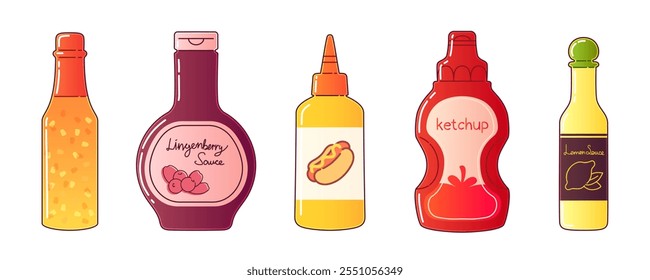 Botella de especias para la comida. Vector de dibujos animados de tarro de aderezo. Diseño de empaque de dibujo lindo con sabor a mostaza caliente y arándano. Diferentes ingredientes de ensalada con conjunto de ilustración de etiqueta. Salsa de limón