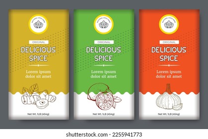 Geschmackskastendesign für türkisfarbene Etikettenleder mit Etiketten für Knoblauchspuren. Abstrakter Vektor Labels Template Set. Handgezeichnete Kräuterpflanzen, Gewürzhintergrund und Minimalstil-Illustration.