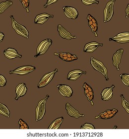 Spice cardamom. Seamless pattern with food. Design for fabric, textile, wallpaper, packaging.