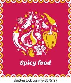 Spice circle banner with Asian frame and copyspace. Star anise, soy beans, parsley, garlic, cloves, hot chili pepper, bell pepper, paprika. Seasonings collection. Vector illustration