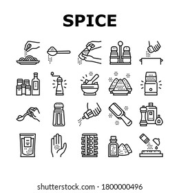 Spice Condiment Herb Collection Icons Set Vector. Salt And Pepper For Flavoring Meal In Kitchen Utensil. Spice On Spoon And Palm Black Contour Illustrations