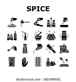 Spice Condiment Herb Collection Icons Set Vector. Salt And Pepper For Flavoring Meal In Kitchen Utensil. Spice On Spoon And Palm Glyph Pictograms Black Illustrations