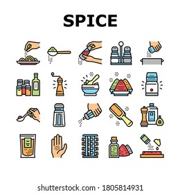 Spice Condiment Herb Collection Icons Set Vector. Salt And Pepper For Flavoring Meal In Kitchen Utensil. Spice On Spoon And Palm Color Contour Illustrations